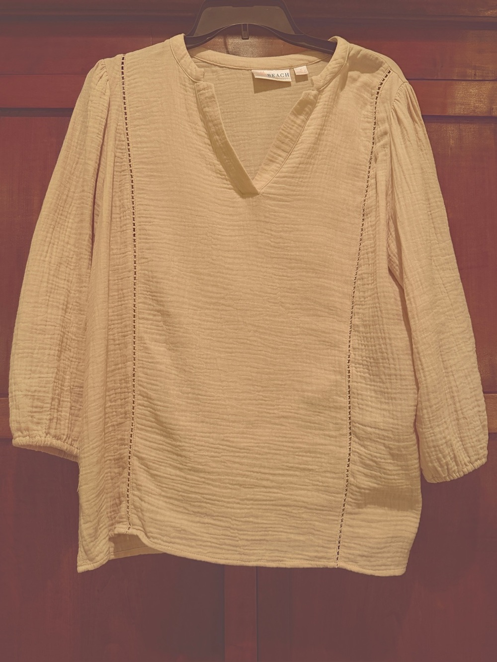 Belle Beach Kim Gravel Sz M Ladder Lace Cotton Gauze Top 3/4 sleeves Soft